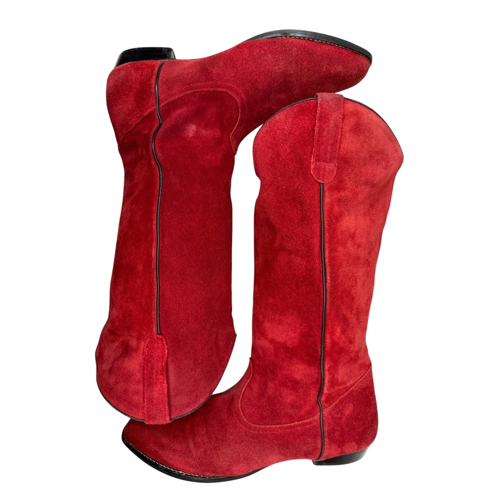 Red Suede Tall Western Cowboy Slouch Boots Women Size 8.5 Low Heel V-Cut Topline - Picture 9 of 10